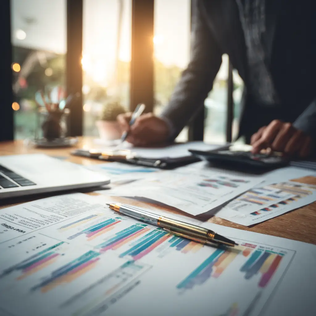 Business professional analyzing financial charts and reports with calculator and pen, reviewing data for potential discrepancies or irregularities