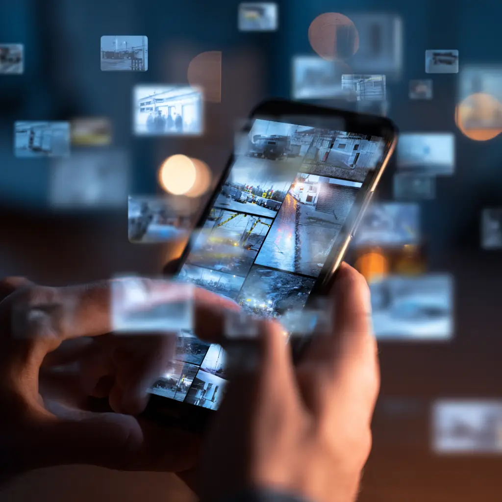 Smartphone displaying digital investigation content with floating evidence images representing social media sleuthing and crowdsourced investigation