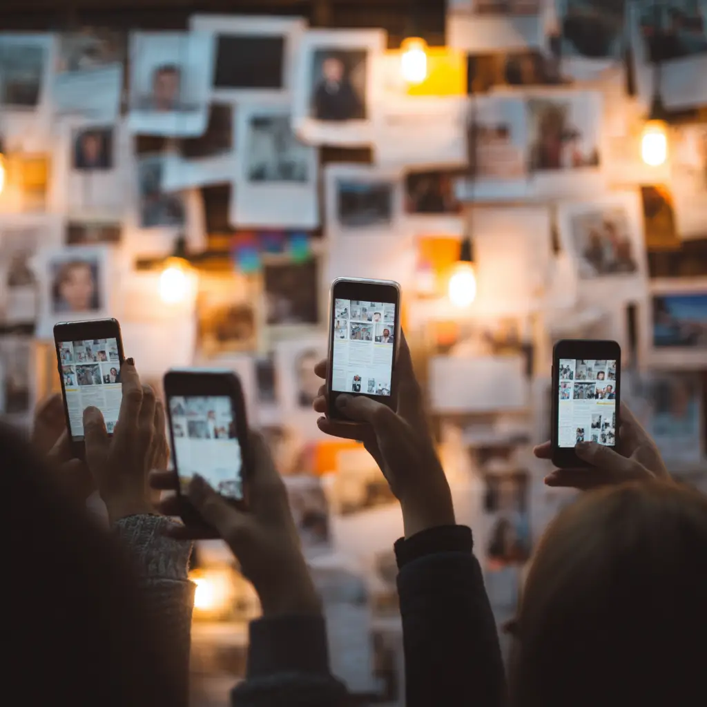 Multiple hands holding smartphones taking photos of missing person information representing crowdsourced social media investigation