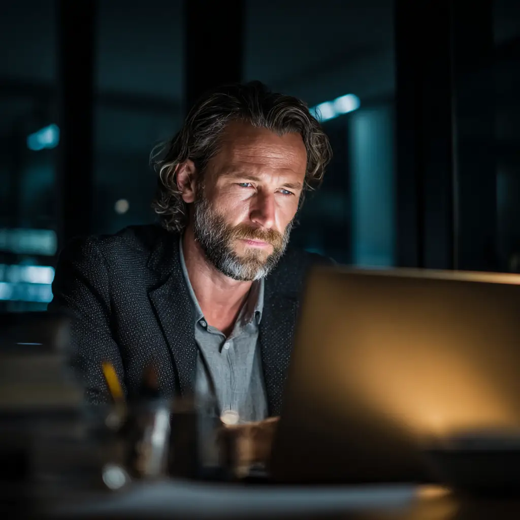 Professional private investigator conducting digital investigation using computer technology