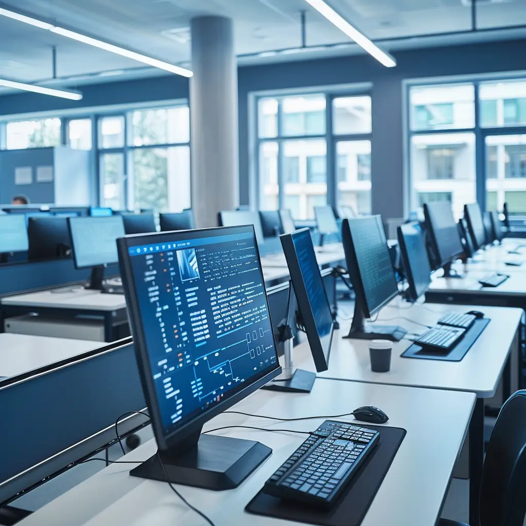 Empty modern school computer lab with security monitoring dashboard displayed on screens, showing protected educational institution IT infrastructure