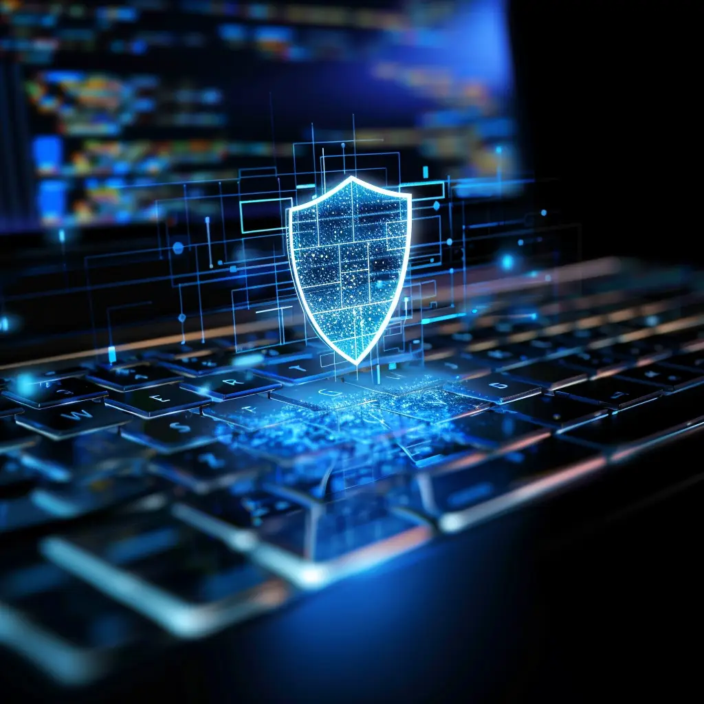 Digital security shield hologram emerging from laptop keyboard with encryption symbols, illustrating school data breach prevention and cybersecurity defense