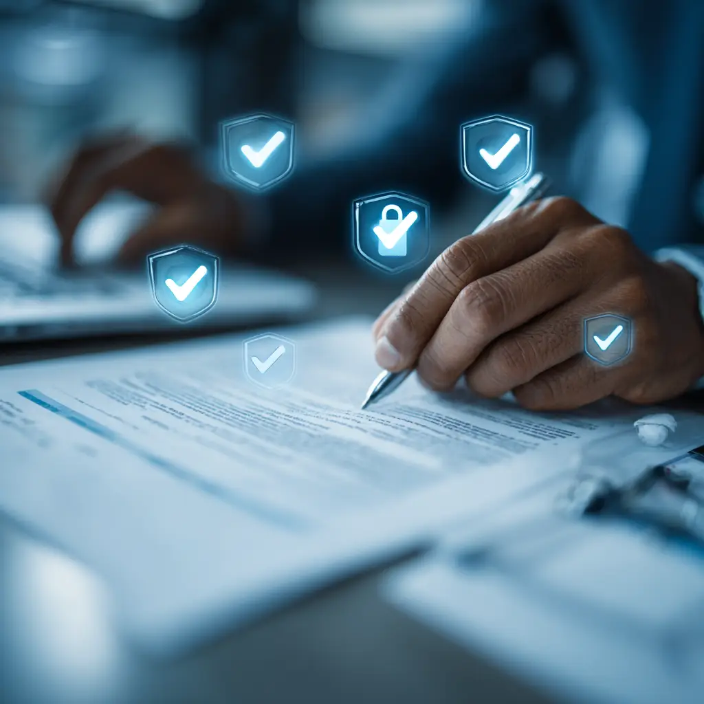 Business professional reviewing financial documents with digital security checkmarks and approval symbols indicating fraud prevention controls