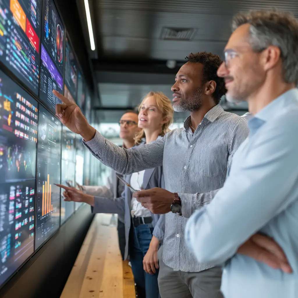 Diverse business team analyzing fraud detection data on digital dashboard during corporate training session