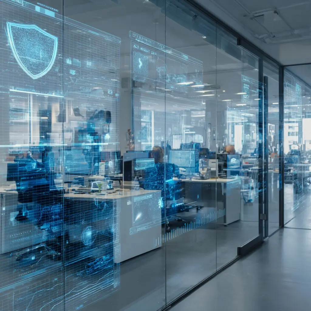 Modern corporate office with holographic security shields and fraud detection interfaces overlaying glass walls and workstations