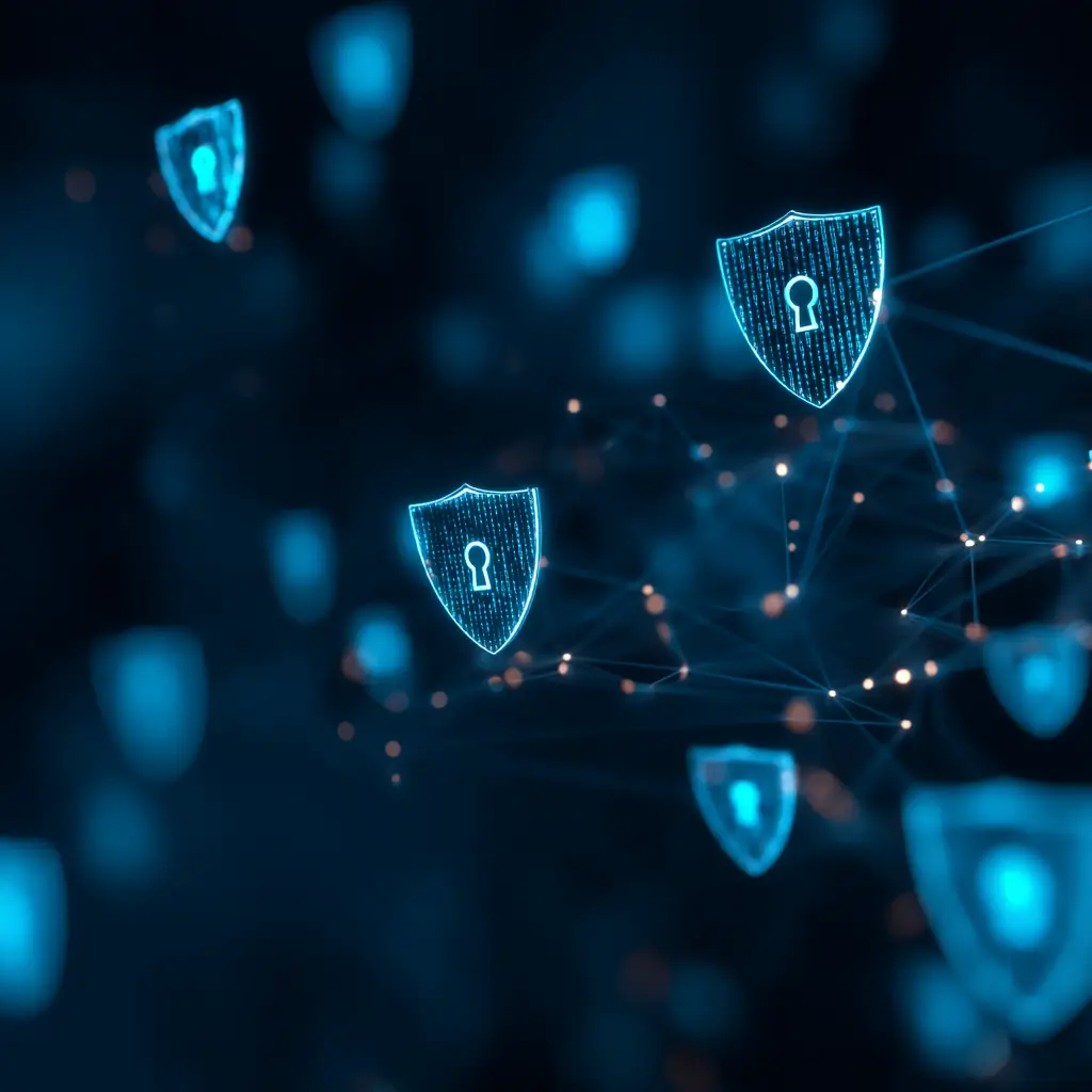 Digital network security shields and encryption visualization representing cyber threat protection