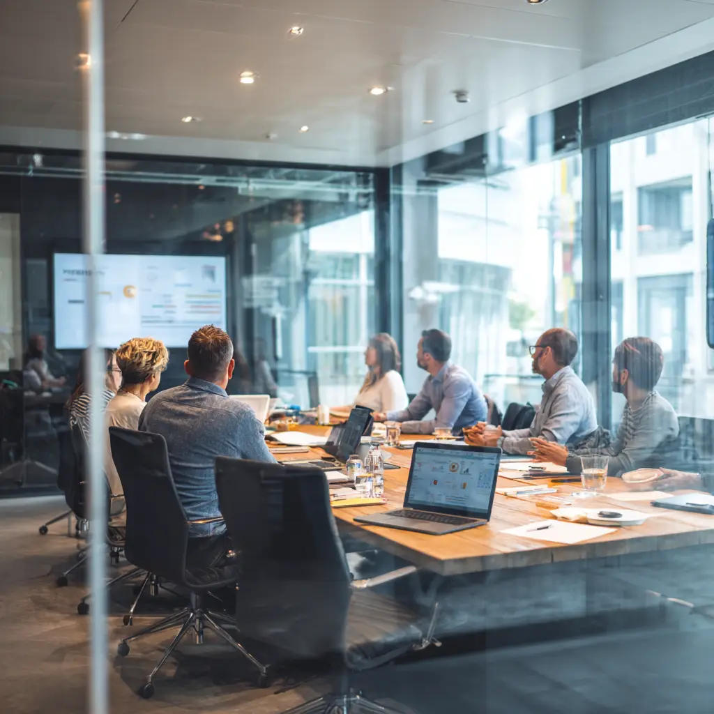 Business professionals in conference room discussing cybersecurity best practices and employee training