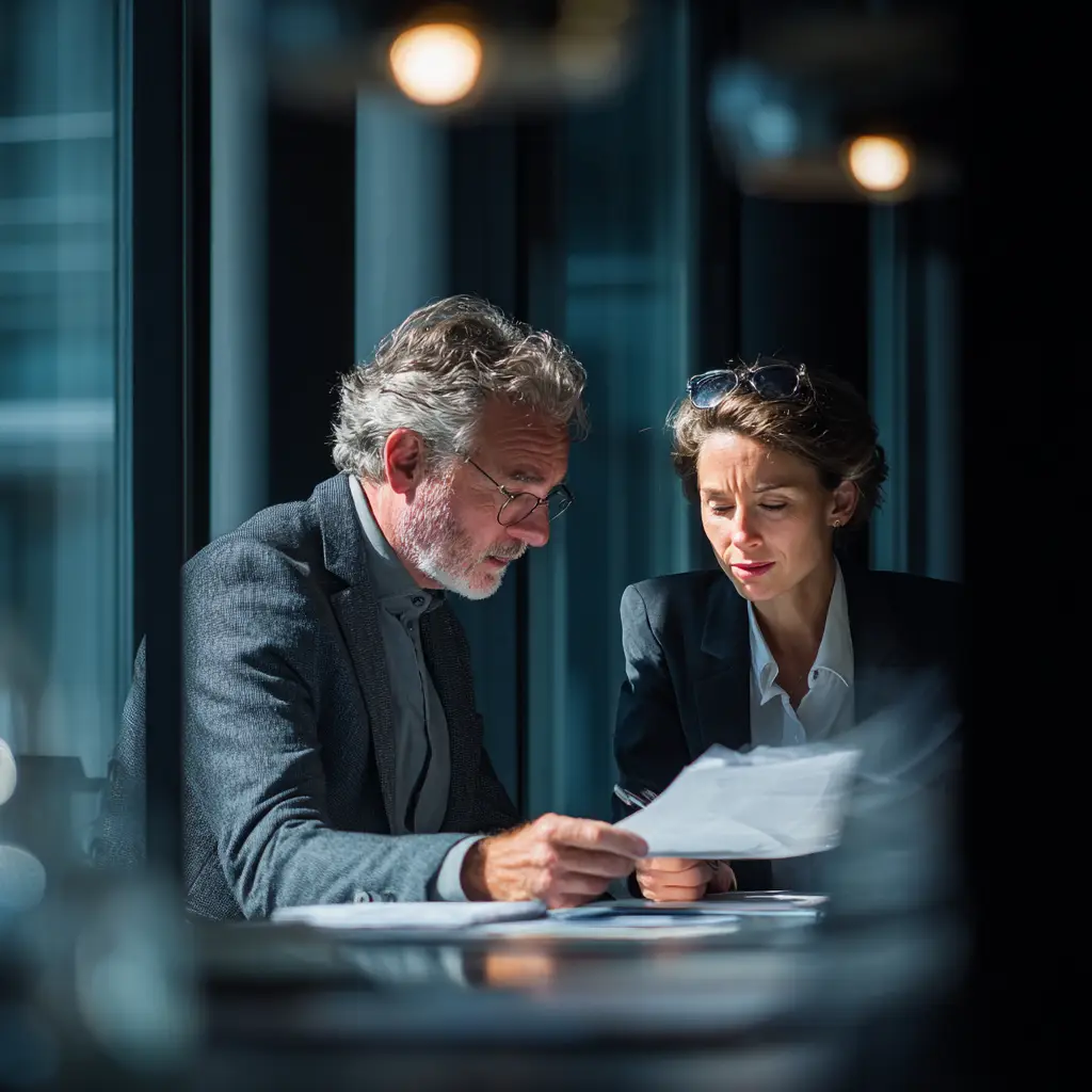 Private investigator consulting with client about hidden assets during divorce case, reviewing financial documentation in professional office setting