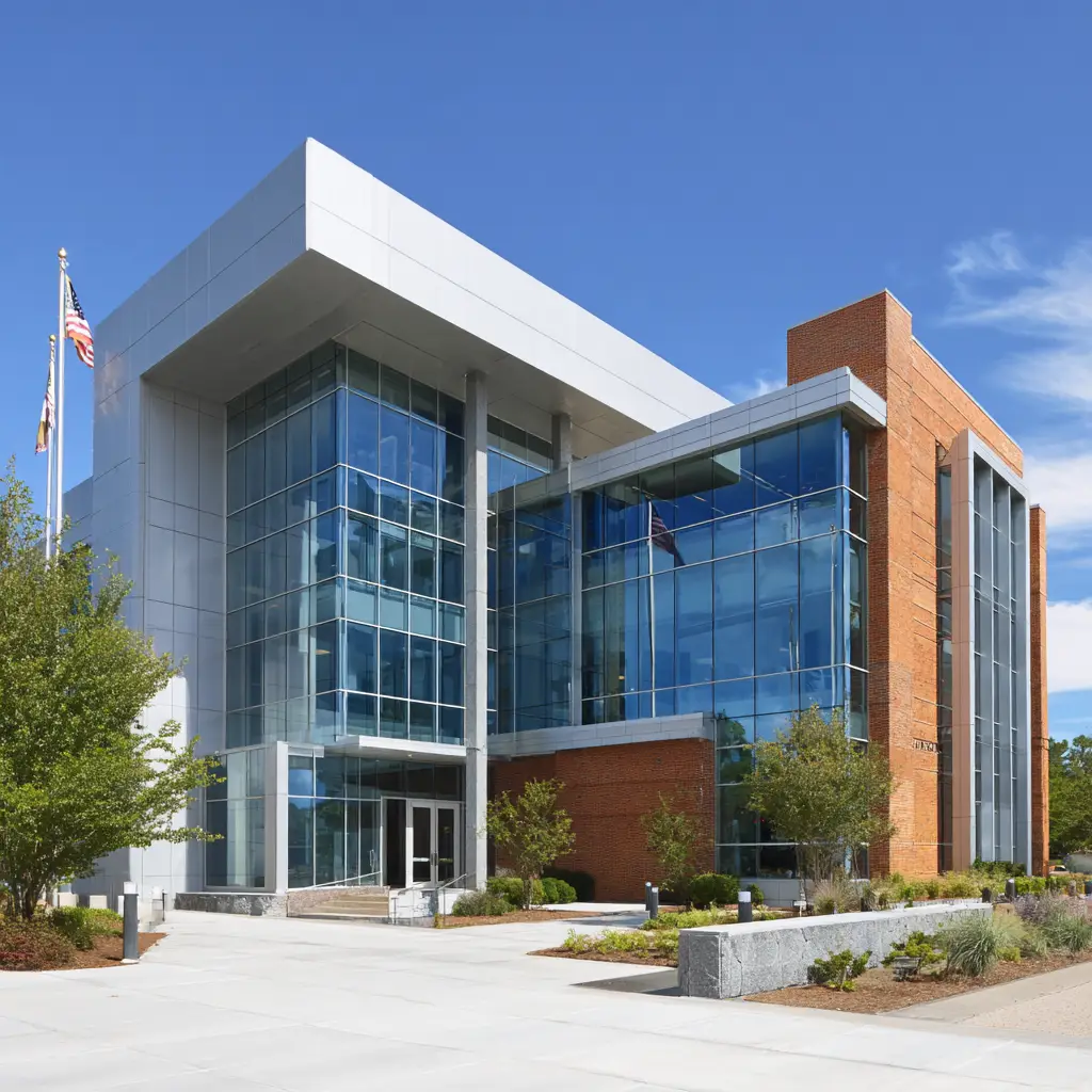 Modern North Carolina county government building where new 2025 background check requirements apply