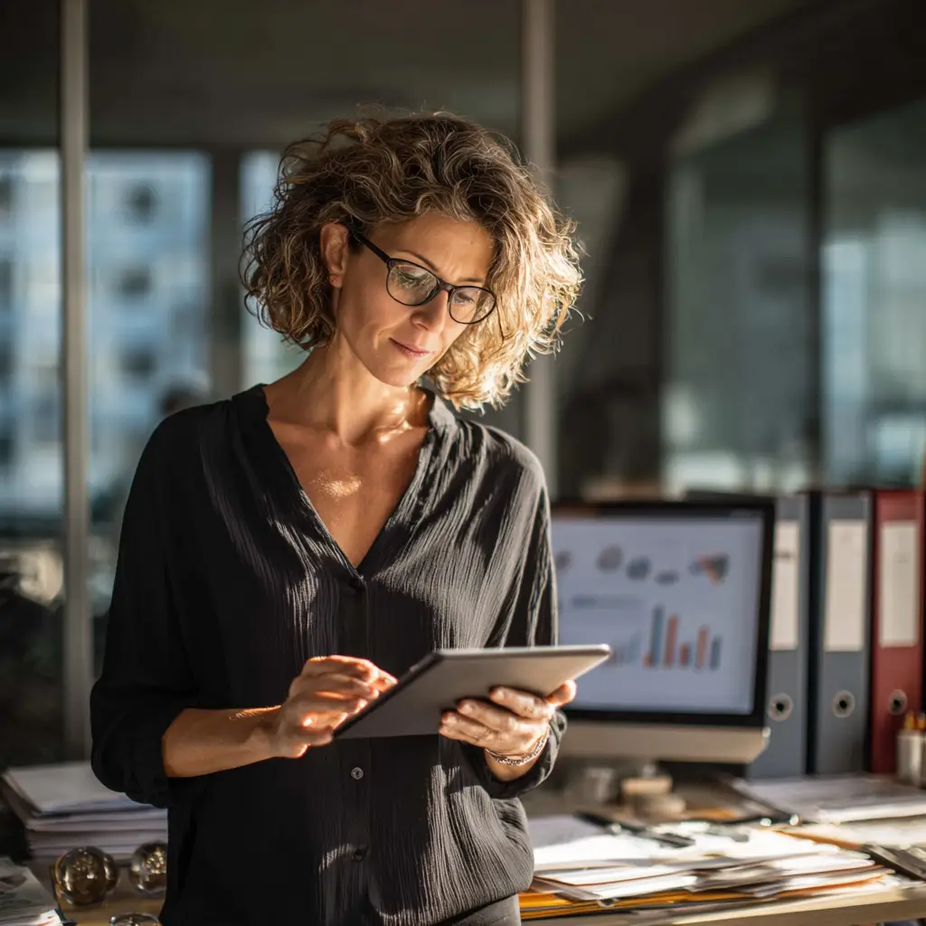 Professional reviewing vendor compliance data on tablet with risk assessment charts visible on computer monitor