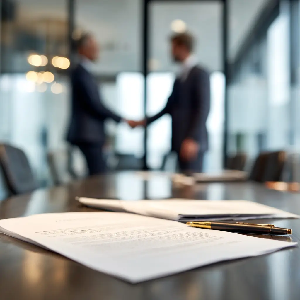 Business contract documents on conference table with vendor partnership handshake in background at corporate office
