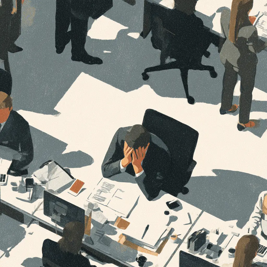 Isolated employee at desk showing behavioral warning signs while coworkers collaborate in background