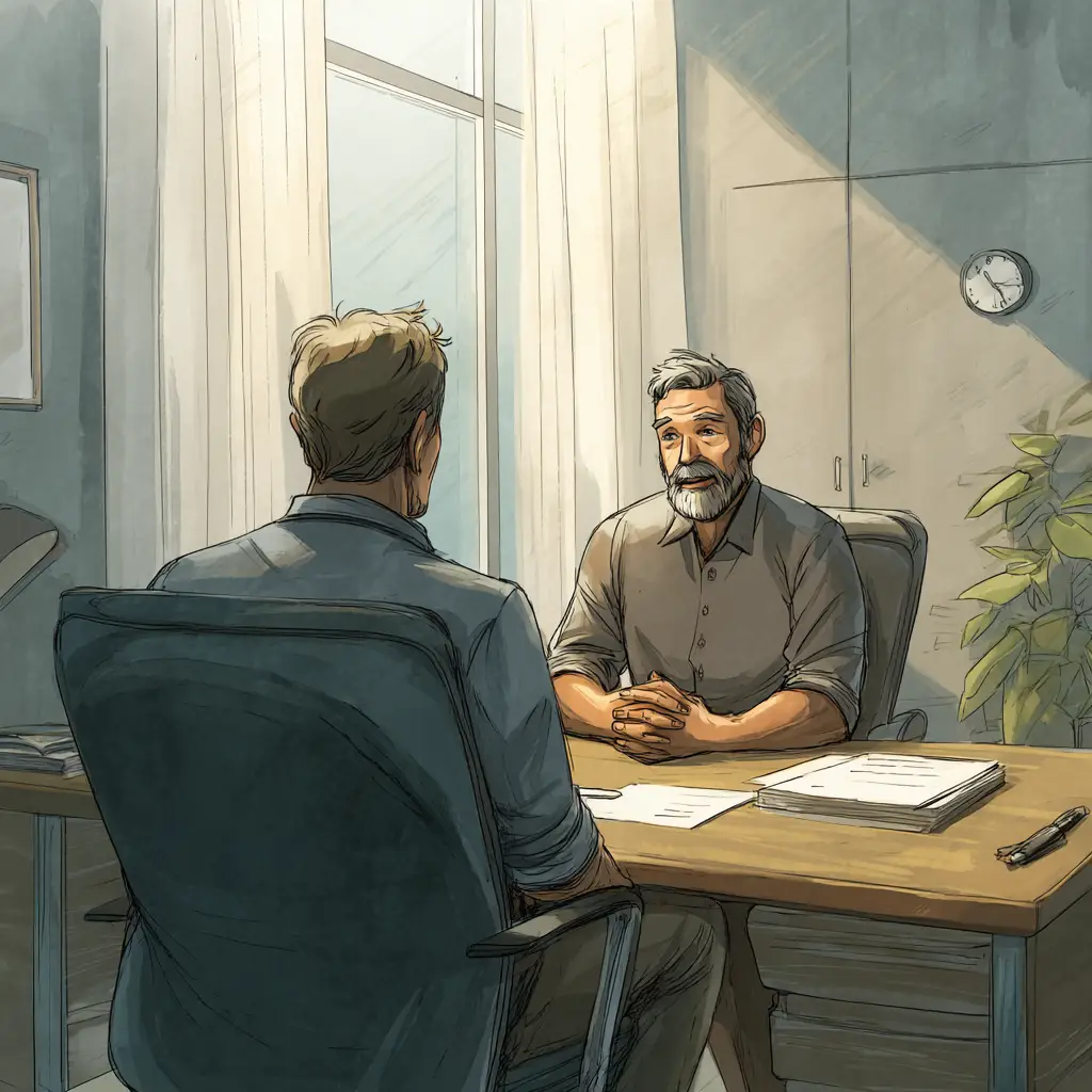 Manager conducting supportive one-on-one conversation with employee about workplace concerns