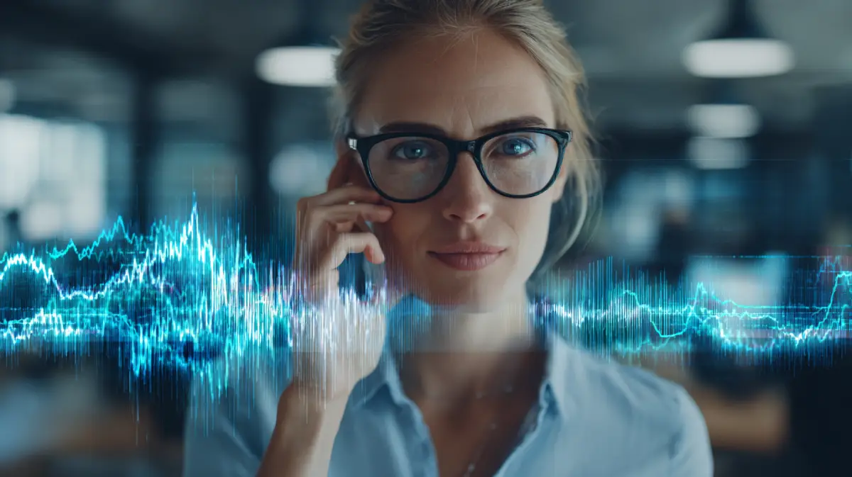 Professional on phone call with sound wave visualization showing voice cloning technology used in deepfake scams