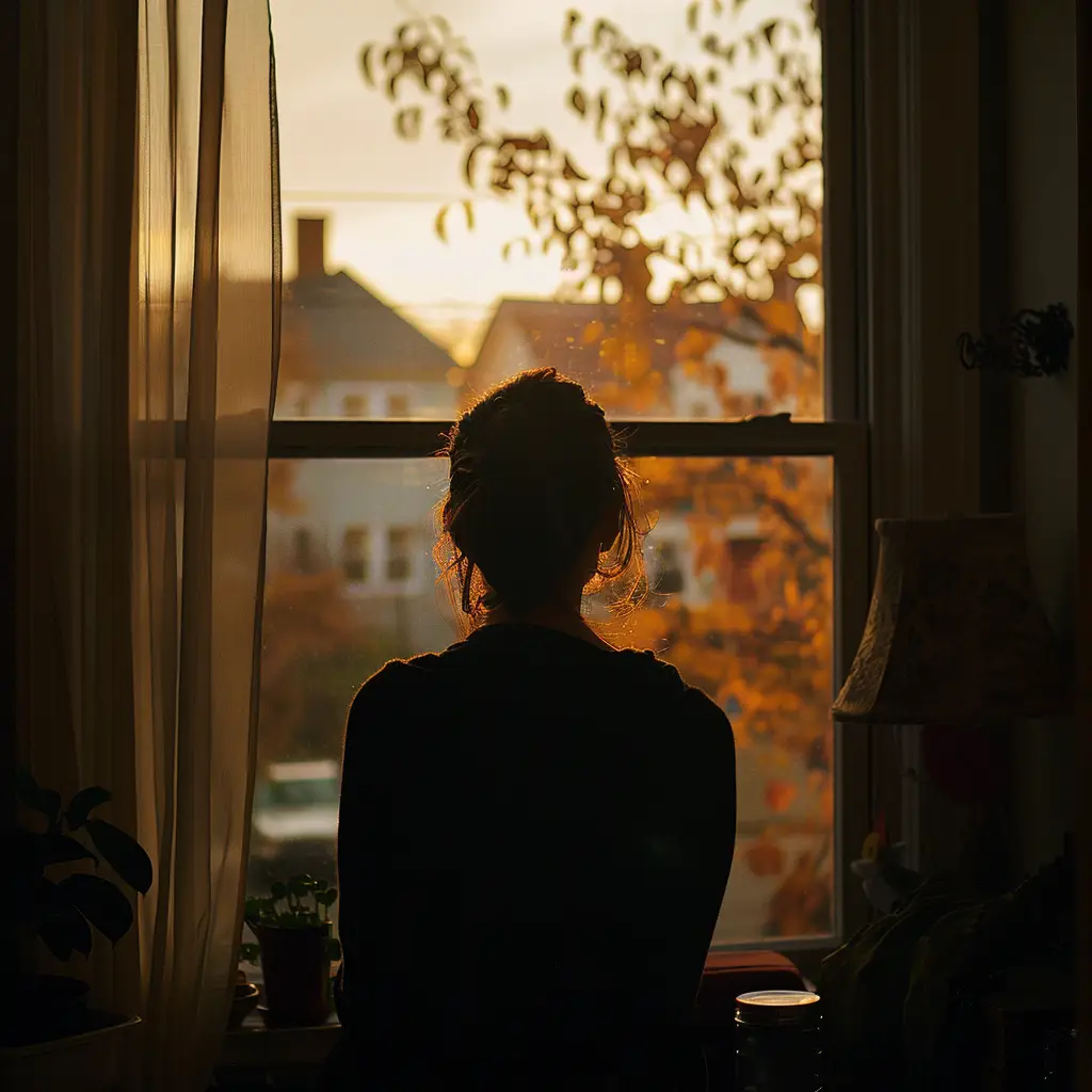 Person looking out window at neighborhood during golden hour, representing concern and vigilance when someone goes missing