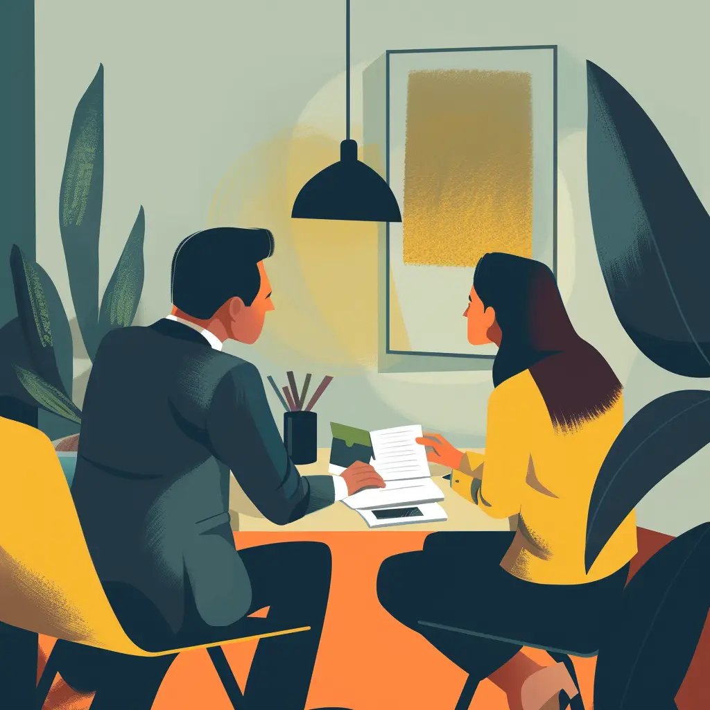 Illustration of professional consultation between private investigator and family member reviewing missing person case documentation