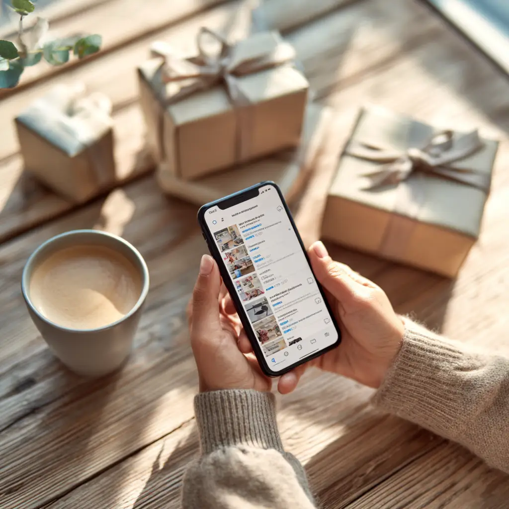 Hands holding smartphone showing multiple shopping notifications with wrapped holiday gifts and coffee on wooden table