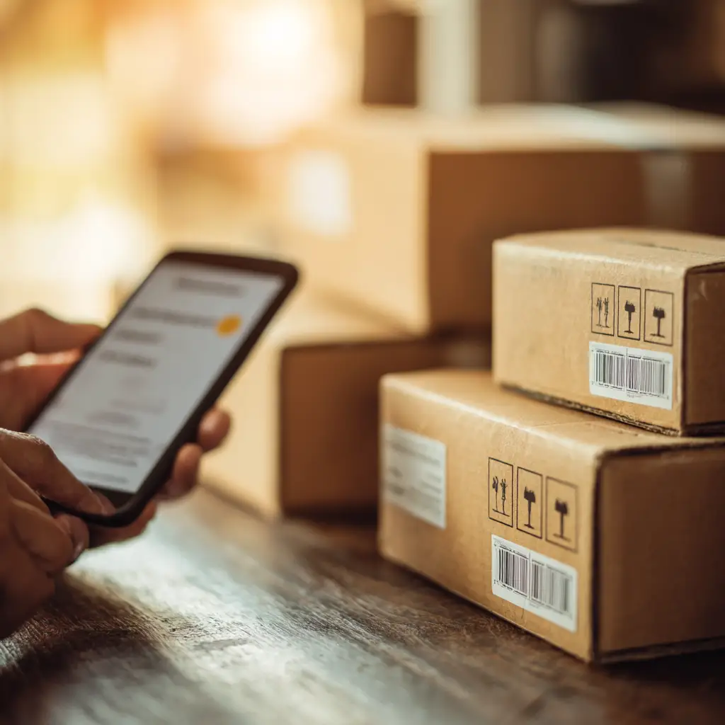 Person viewing delivery notification on smartphone with shipping boxes showing tracking labels