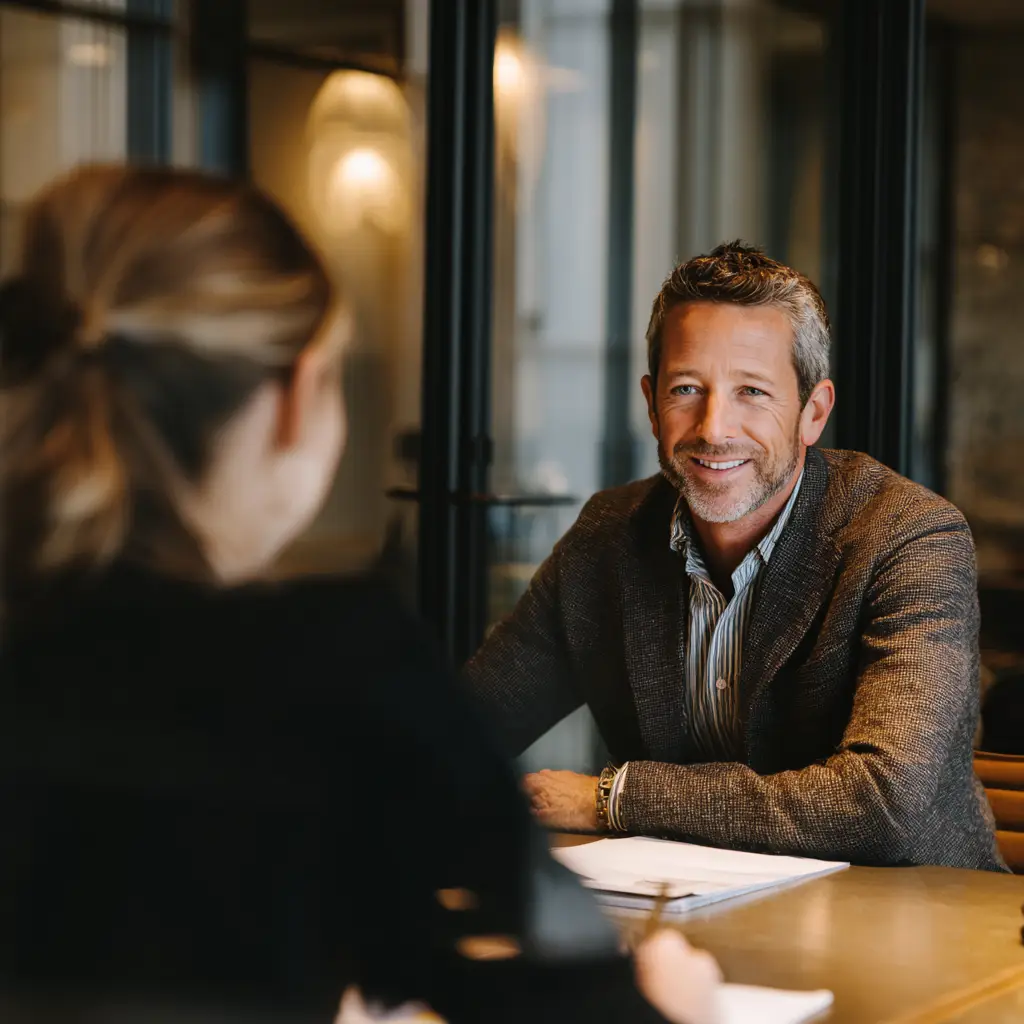 Professional consultation between private investigator and client discussing infidelity concerns