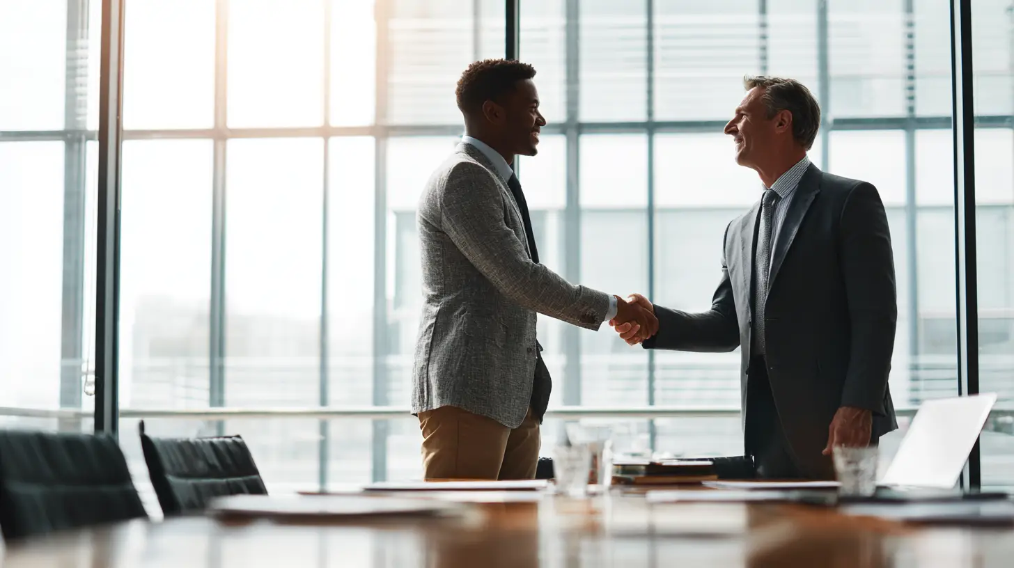 Two business professionals shaking hands after successful due diligence process in Charlotte office