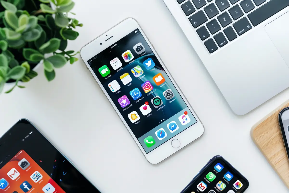 Multiple smartphones displaying various social media apps including Instagram, Facebook, Twitter, and messaging platforms