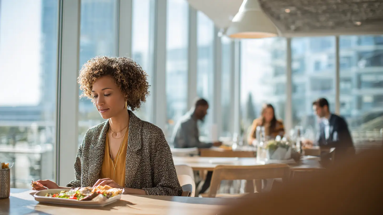 Professional woman eating lunch alone while colleagues socialize in the background