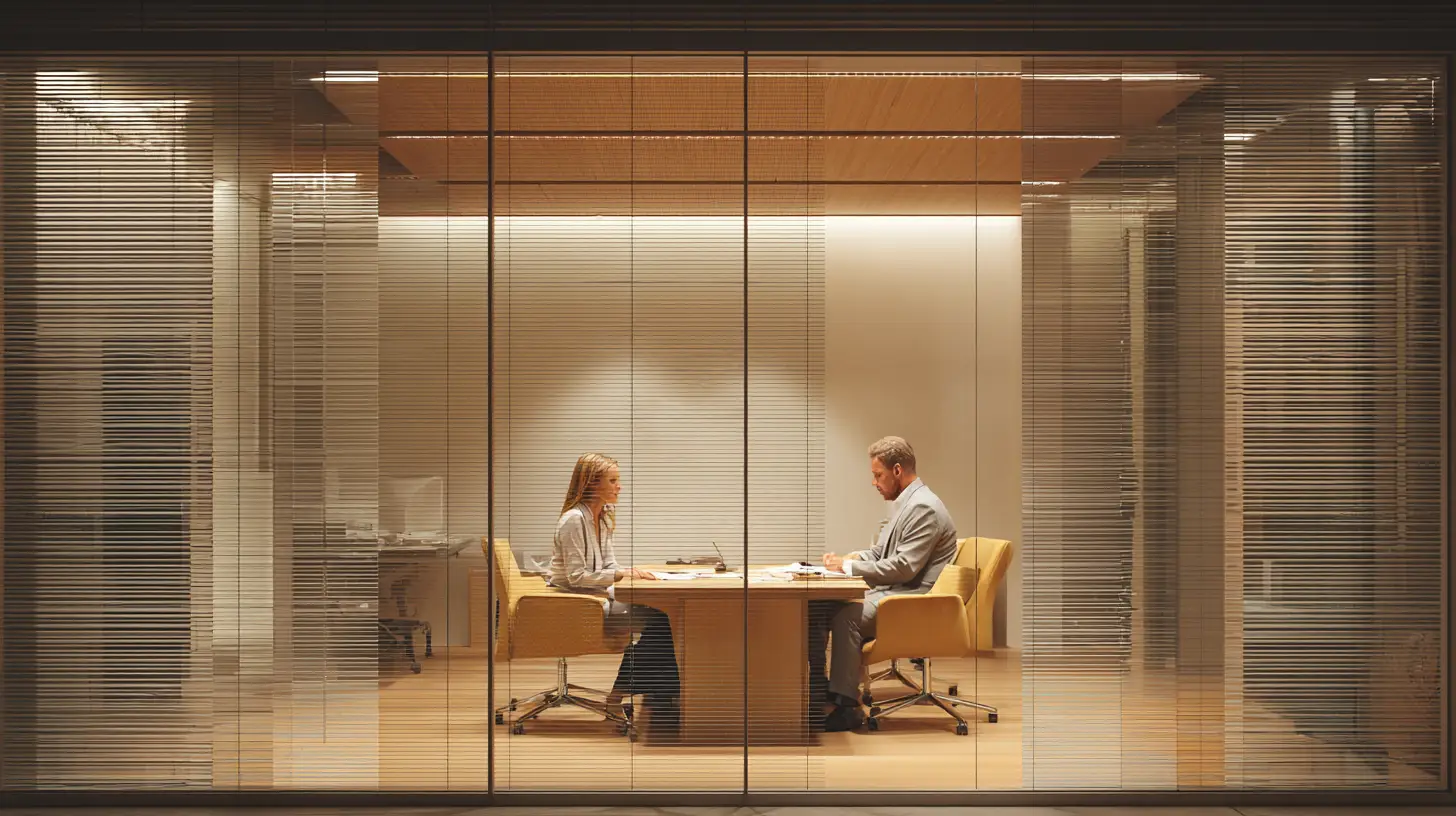 Two professionals in a private glass-walled meeting room during a confidential consultation