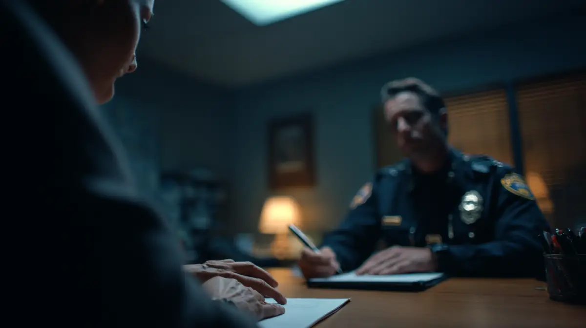 Civilian sitting across from a police officer during a missing person report consultation