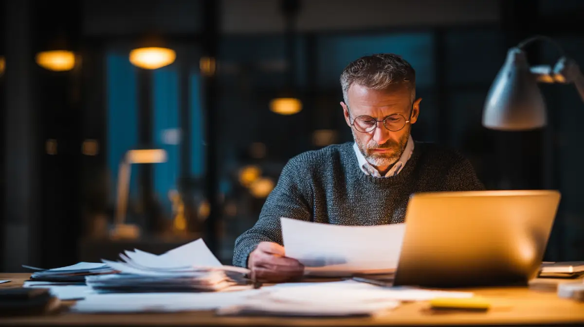 Private investigator reviewing documents and laptop late at night during an active case