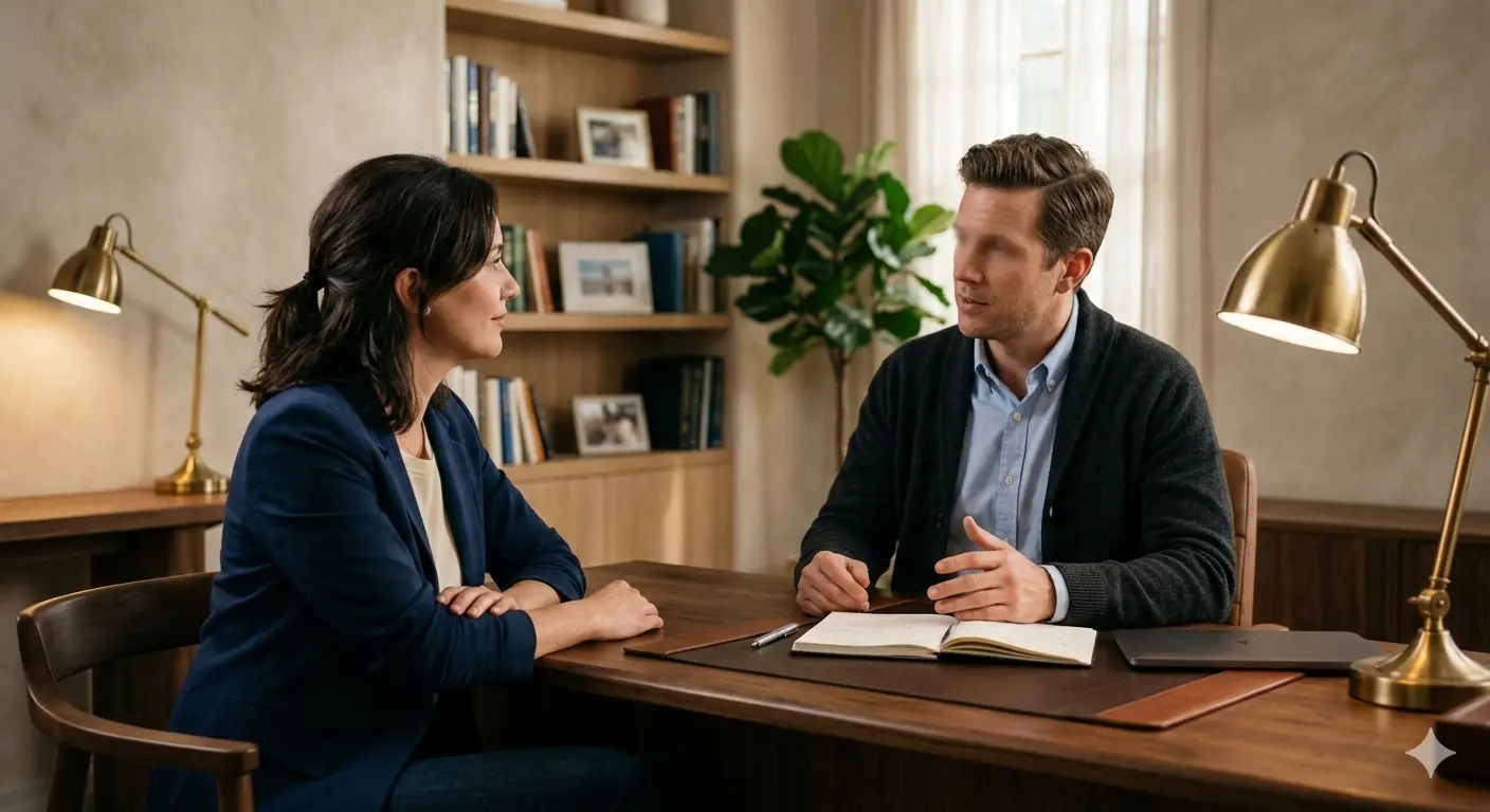 A woman in a private office consultation with a professional investigator at a desk