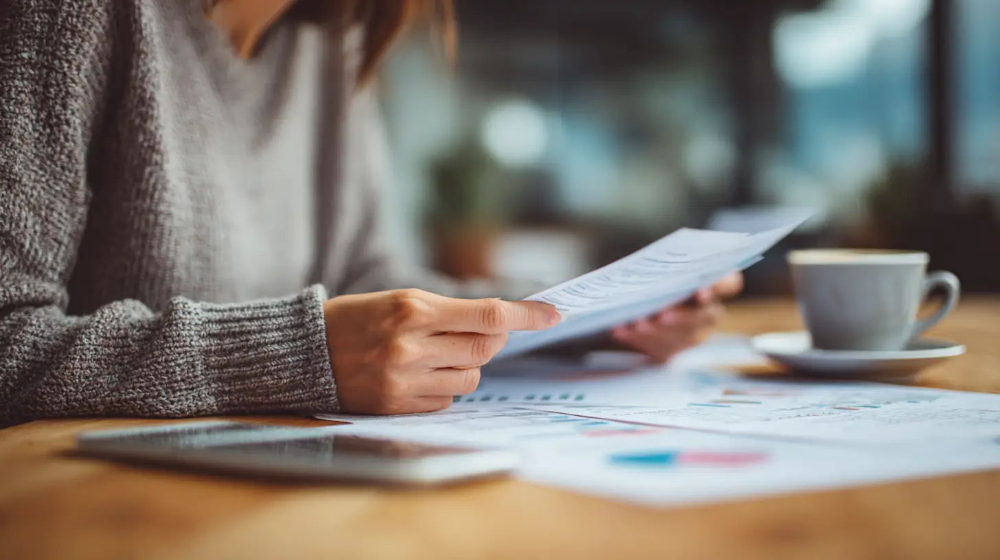 Person reviewing printed financial statements and charts at a desk
