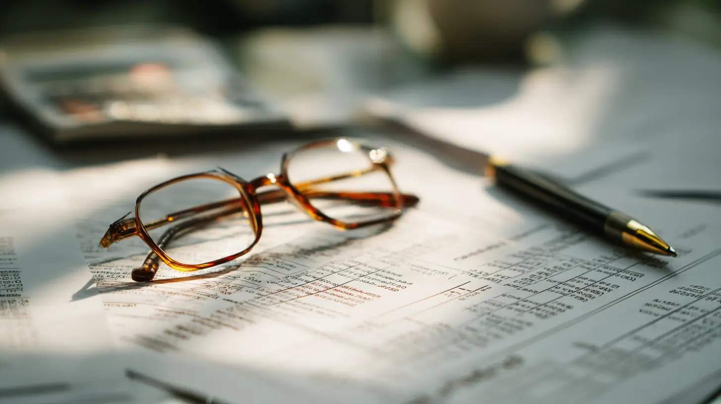 Reading glasses and pen resting on printed financial records during a document review