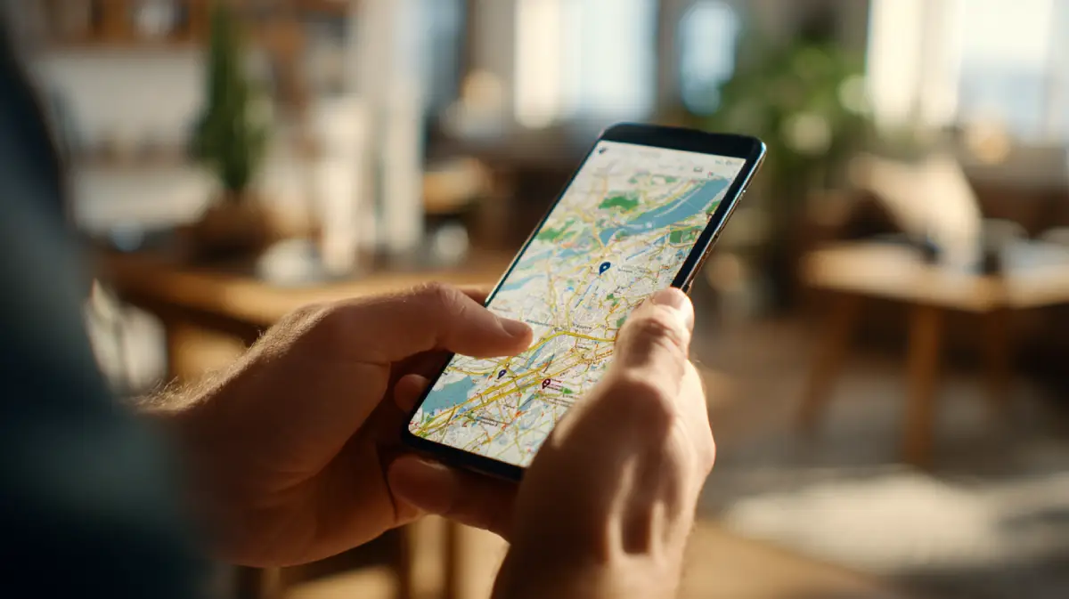 Hands holding a smartphone displaying a location map with multiple pins