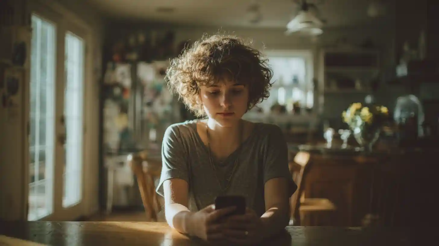 Person sitting at a kitchen table looking at their phone with a focused expression