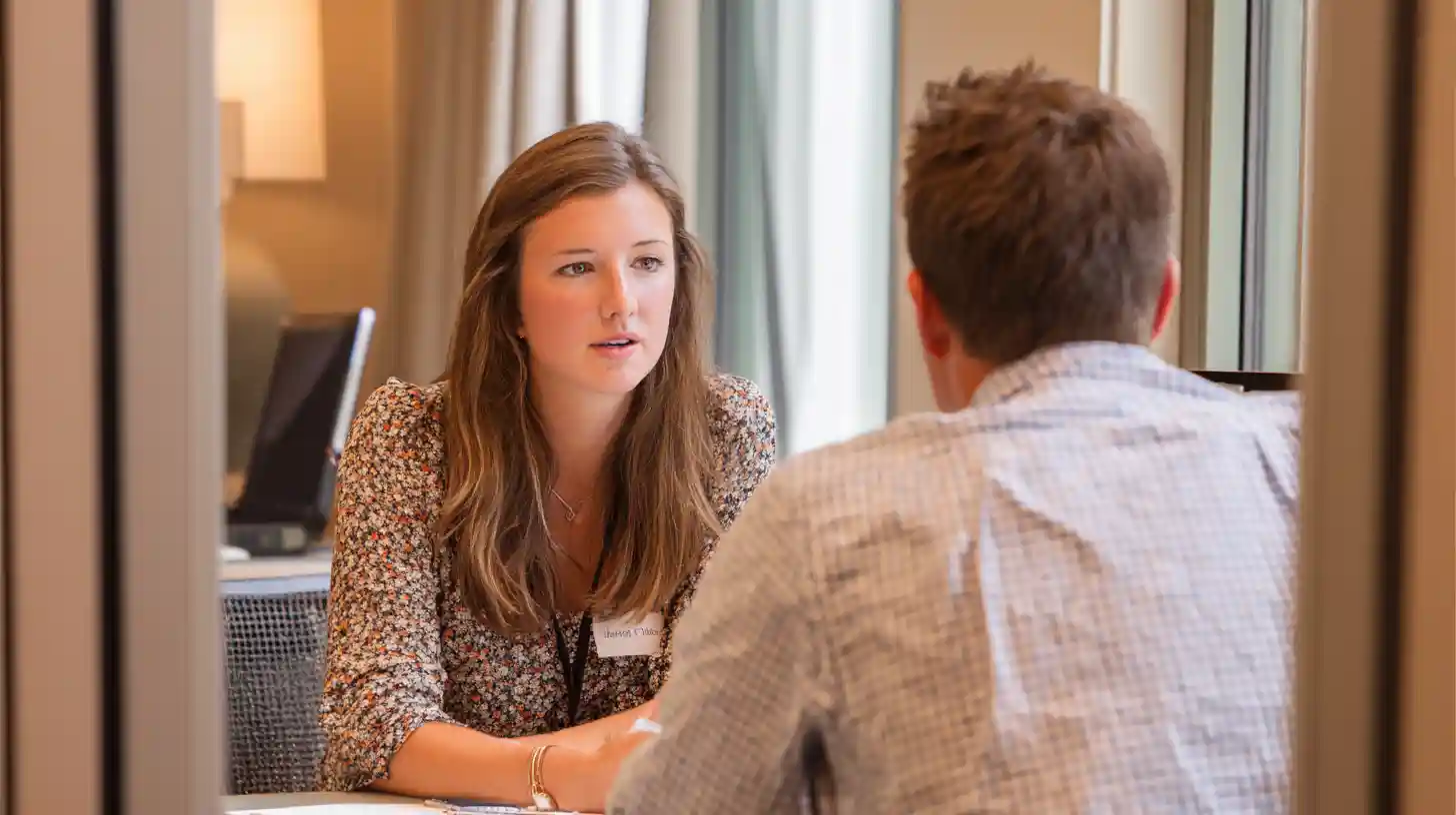 Two people seated across from each other in a professional office setting during a consultation