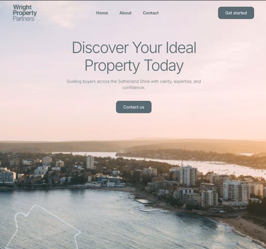 Website homepage header with skyline view of coastal city at sunset and text promoting property discovery.
