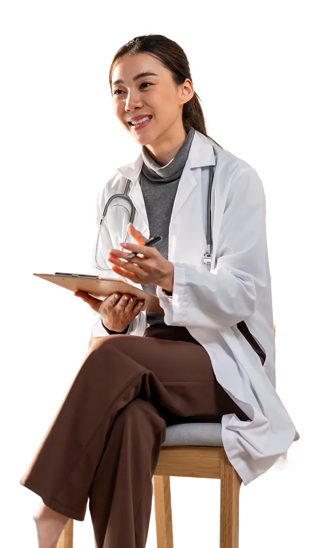 Smiling doctor with a stethoscope holding a clipboard, discussing mental health and innovative care.