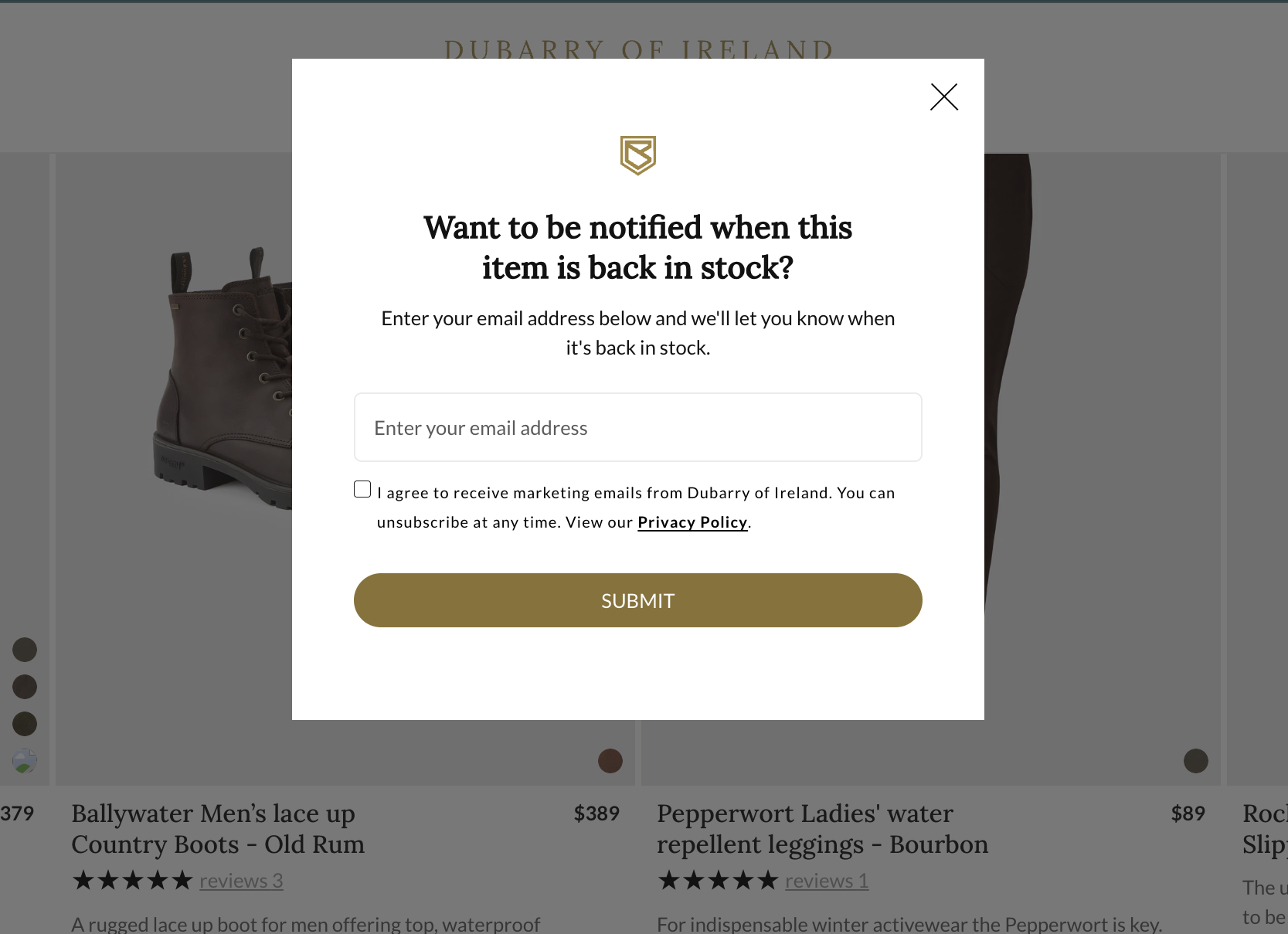 Popup form asking to enter email address to be notified when an item is back in stock, including a checkbox to agree to marketing emails from Dubarry of Ireland and a submit button.