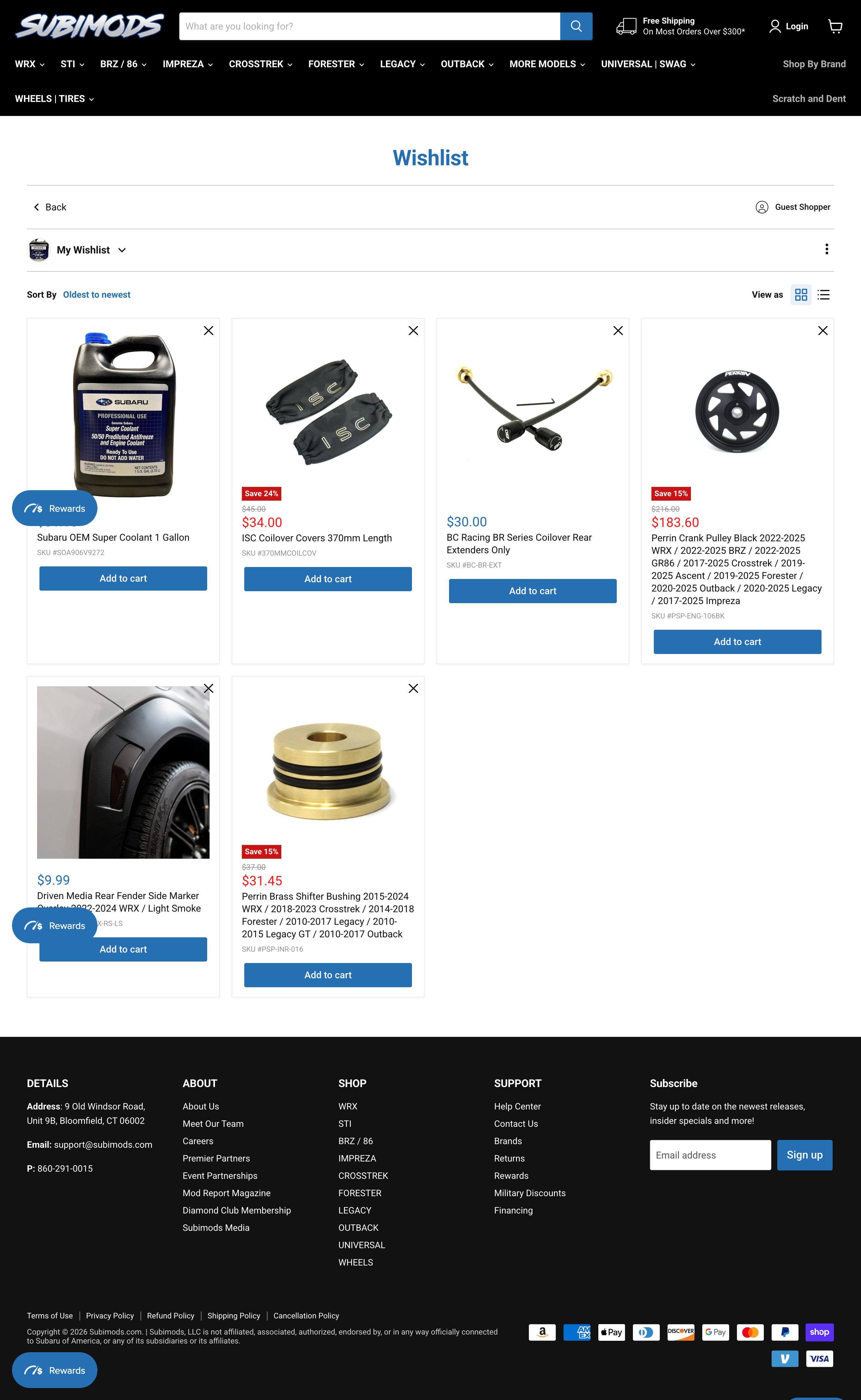 Online wishlist page on Subimods website showing six Subaru car parts including coolant, coilover covers, rear extenders, crank pulley, fender side marker, and brass shifter bushing with prices and add to cart buttons.