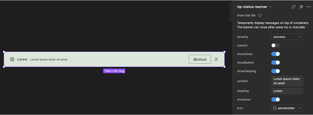 Screenshot from Figma showing a banner component and its API