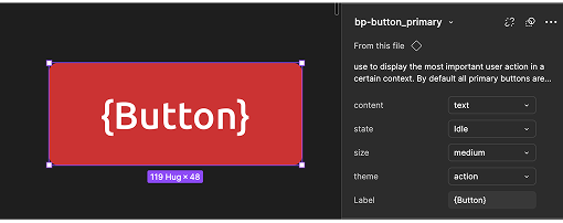 Screenshot from Figma showing a button component and its API