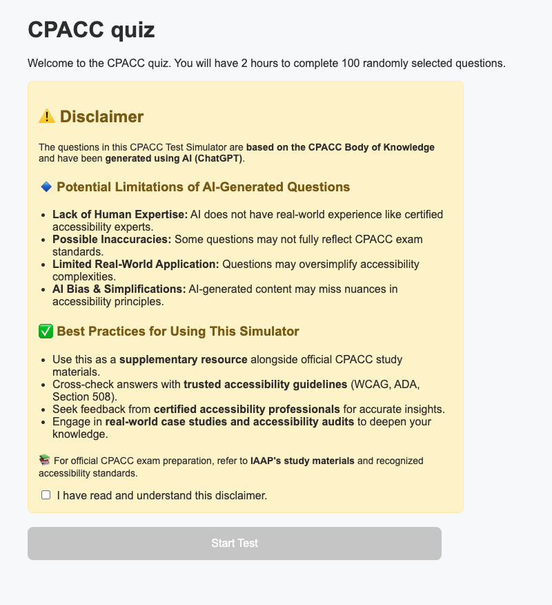 Screenshot from the quiz starting screen