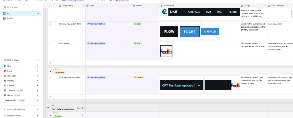 Screenshot from Airtable showing an example of UI Audit for Eurocontrol