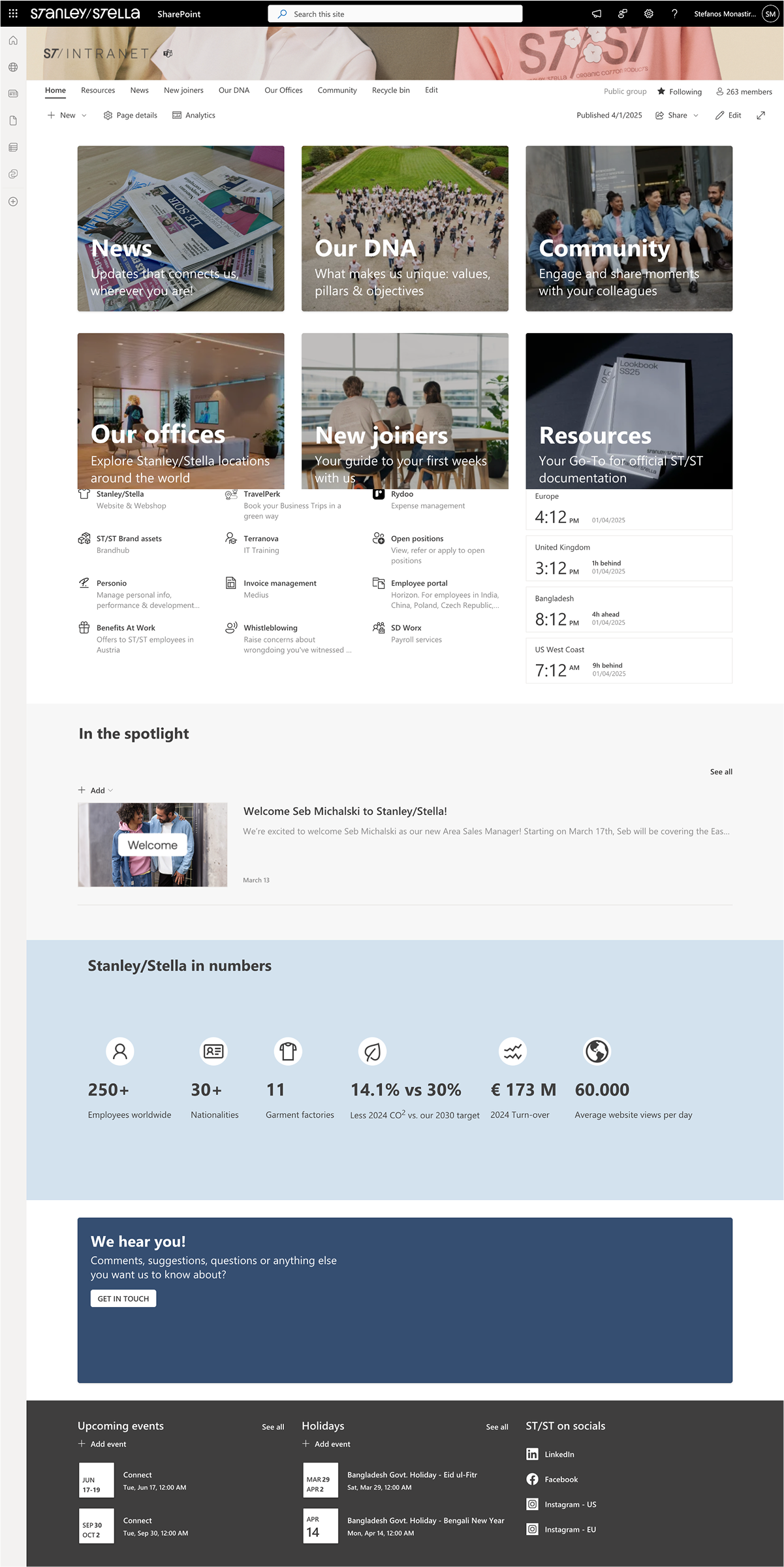 Stanley/Stella SharePoint intranet homepage showing navigation menu, main sections for News, Our DNA, Community, Our offices, New joiners, Resources, company stats, welcome message, and upcoming events.