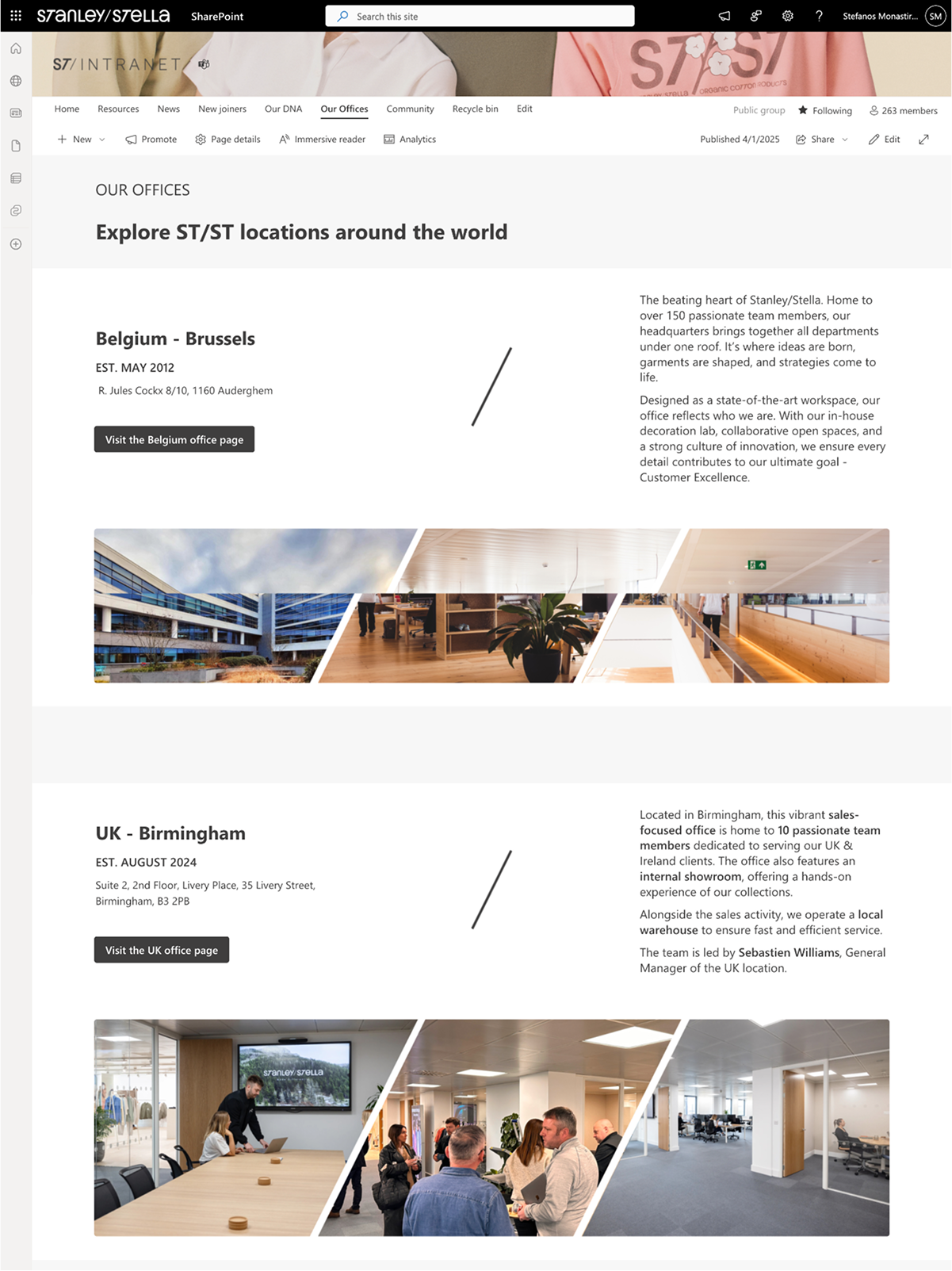 ST/ST intranet page showing office locations in Belgium Brussels and UK Birmingham with images of office buildings and teams.
