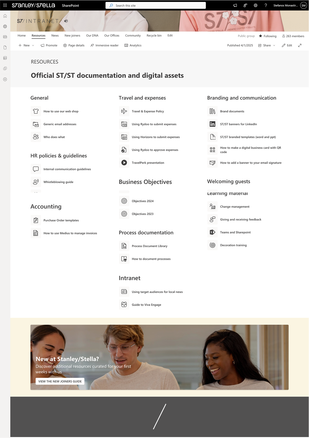 SharePoint page of Stanley/Stella intranet showing resources for documentation, policies, accounting, travel, branding, business objectives, and welcoming guests, with a banner image of three smiling young adults.