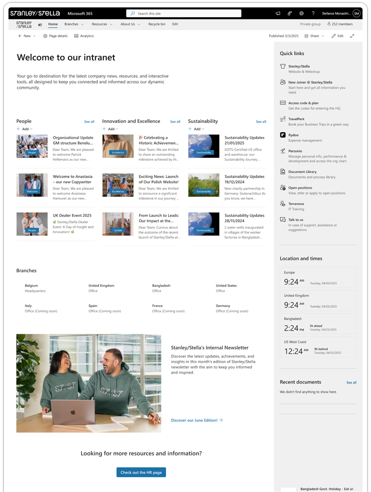 Company intranet homepage with sections for People, Innovation and Excellence, Sustainability updates, branch offices, quick links, and a newsletter image of two smiling coworkers at a table.