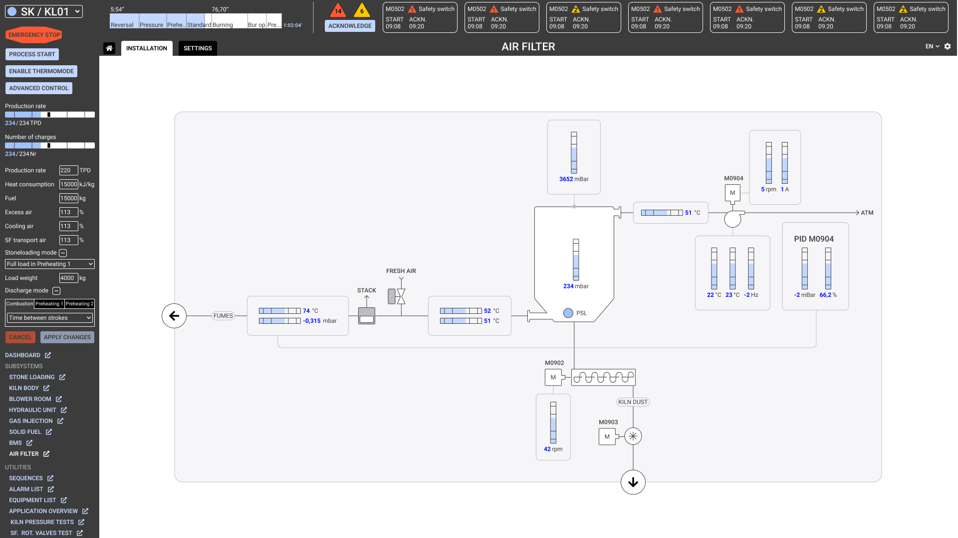 Industrial air filter control panel showing temperature, pressure, RPM, and safety switch statuses with navigation and action buttons on the left.