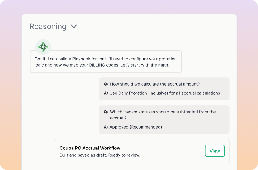 Screenshot of a reasoning chat interface discussing configuration of proration logic and billing codes, with Q&A about accrual calculation using Daily Proration Inclusive and approved invoice statuses for subtraction, followed by a Coupa PO Accrual Workflow draft ready to review with a View button.