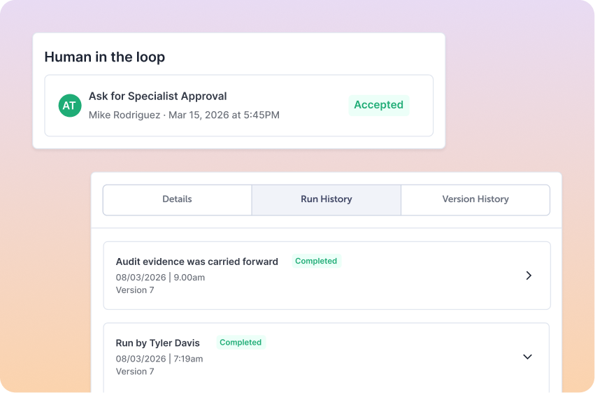 User interface showing a 'Human in the loop' section with a task titled 'Ask for Specialist Approval' by Mike Rodriguez dated Mar 15, 2026, 5:45 PM marked 'Accepted'. Below is a tabbed panel with tabs for Details, Run History, and Version History. The Run History tab is active displaying items: 'Audit evidence was carried forward' on 08/03/2026 at 9:00 AM, version 7, marked 'Completed', and 'Run by Tyler Davis' on 08/03/2026 at 7:19 AM, version 7, also marked 'Completed'.